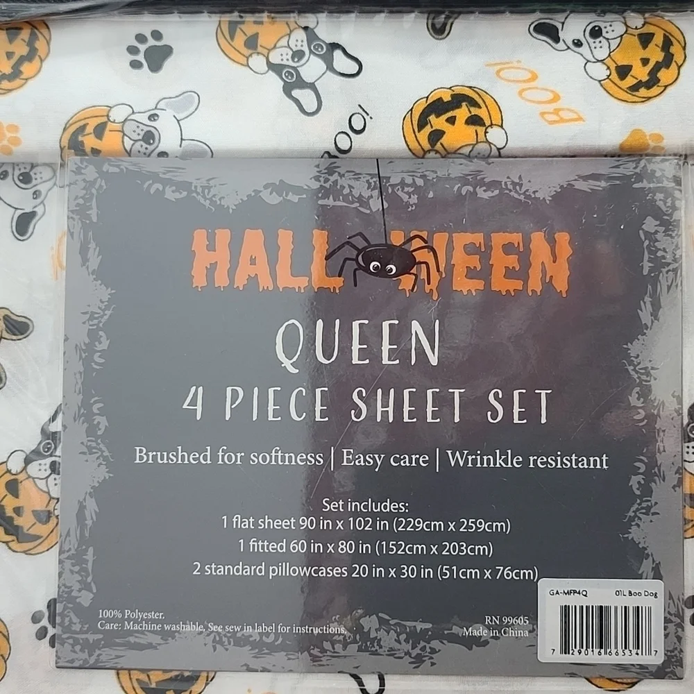 4pc Halloween French Bulldog Frenchie Dog Boo Pumpkin QUEEN Bed Sheet Decor New